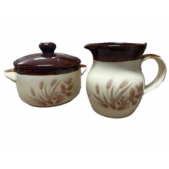 Vintage Cream & Brown Wheat Design  Ceramic Pitcher And Pot Made in Japan - Picture 1 of 3